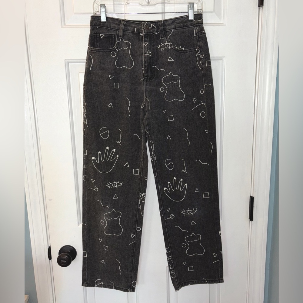 Faded Black Denim Graffiti Art Straight Leg Jeans